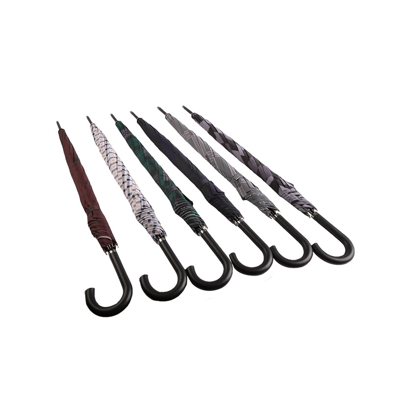 Ombrello dritto in pongee a scacchi grigio scuro-0E6B0351