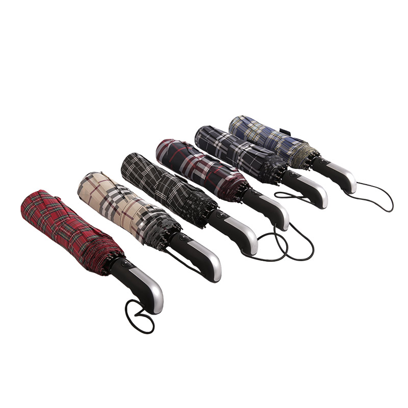 Ombrello a tre ante in Pongee scozzese a righe scure-0E6B0533